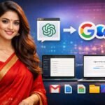 Indian woman in red saree with tech logos