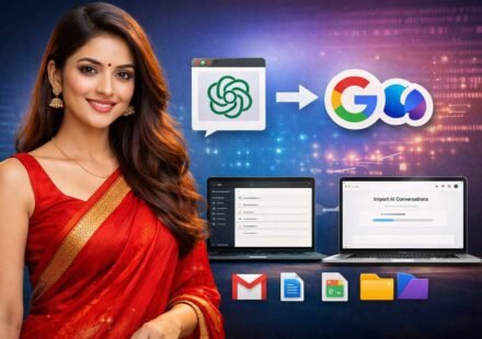Indian woman in red saree with tech logos
