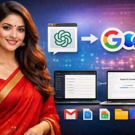 Indian woman in red saree with tech logos