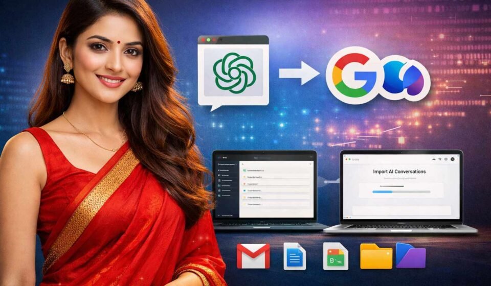 Indian woman in red saree with tech logos